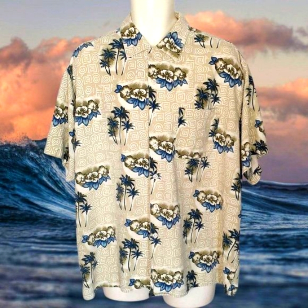HIMALAYA OUTFITTERS Beige and Blue Tribal Floral Hawaiian Silk Shirt